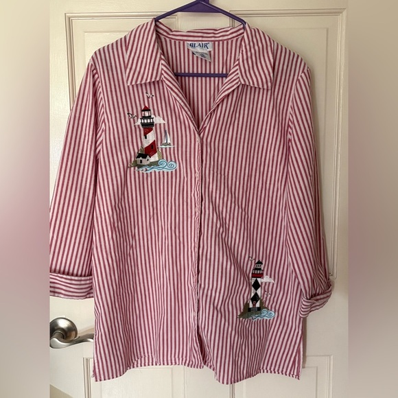Blair Tops - Coastal grandma nautical lighthouse button up striped top Blair medium